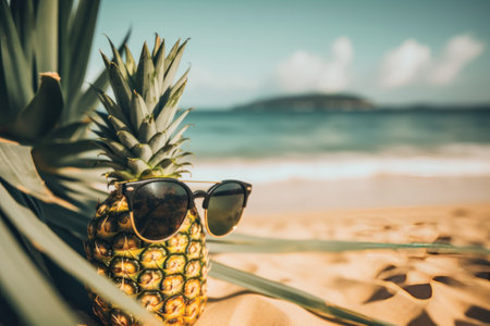 Pineapple with sunglasses on the beach. Vacation concept.の素材