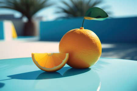 Orange fruit on a blue table in a swimming pool. Summer vacation conceptの素材