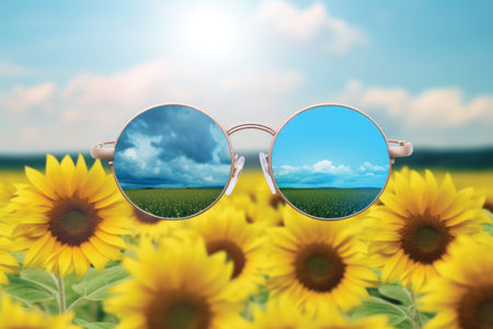 sunglasses with sunflower field and blue sky background, summer conceptの素材