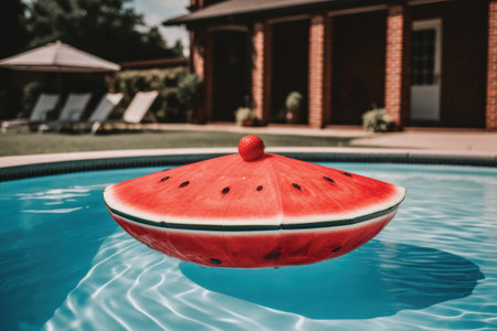 Watermelon floating in swimming pool. Summer vacation concept. Vintage toneの素材