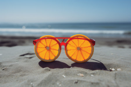 Sunglasses with orange slices on the sandy beach near the seaの素材