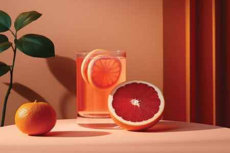 Grapefruit juice in a glass with slices of grapefruit on a tableの素材