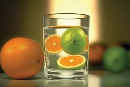 Glass of water with ice cubes and citrus fruits on a dark backgroundの素材