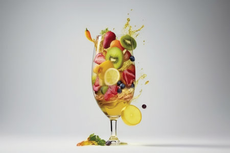 Fruit salad in a glass with splashes on a white backgroundの素材