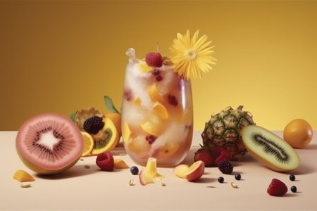 Refreshing summer cocktail with fruits and berries on a yellow backgroundの素材