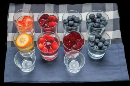 Colorful fruit and berries in a glass on a black background.の素材