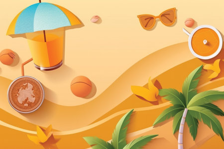 Top view of summer beach background with cup of coffee, orange juice, sunglasses, coconut and palm treesの素材