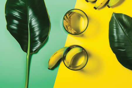Banana juice in glass with tropical leaves on yellow and green backgroundの素材