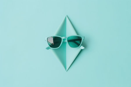 Top view of sunglasses and origami paper boat on blue background. Minimal summer conceptの素材