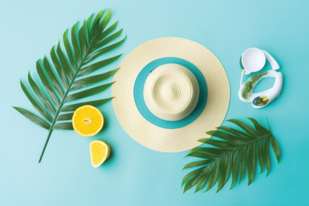 Summer flat lay with straw hat, lemon and tropical leaves on blue background.の素材