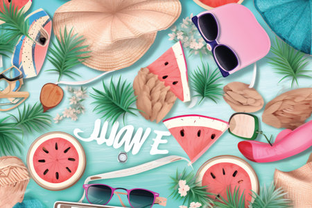 Top view of summer vacation items on wooden background. Flat lay.の素材