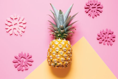 Pineapple and snowflakes on a pink and yellow backgroundの素材