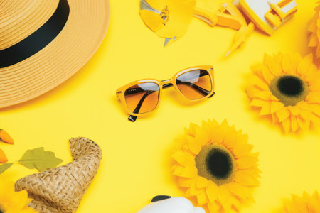 Flat lay composition with sunflower, sunglasses and hat on yellow backgroundの素材