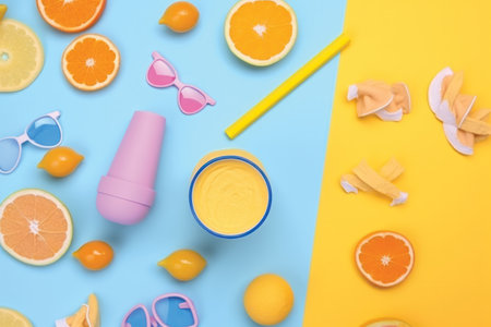 Top view of summer composition with orange juice, lemon, sunglasses, tangerines and other items on blue and yellow backgroundの素材
