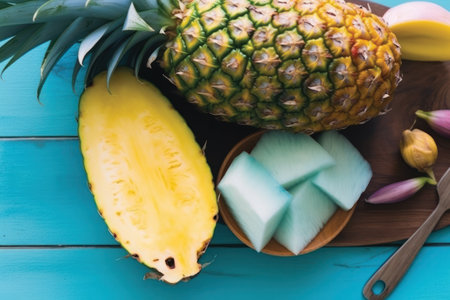 Pineapple and melon on turquoise wooden background.の素材