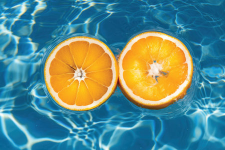 Orange slices floating in swimming pool with blue water background, top viewの素材