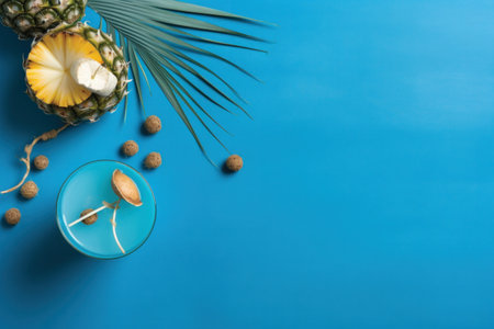Cocktail with longan, pineapple and coconut on blue backgroundの素材