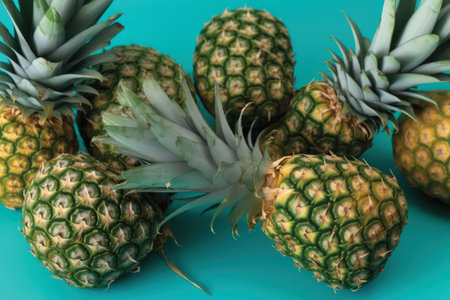 Pineapples on blue background. Top view. Tropical fruits.の素材
