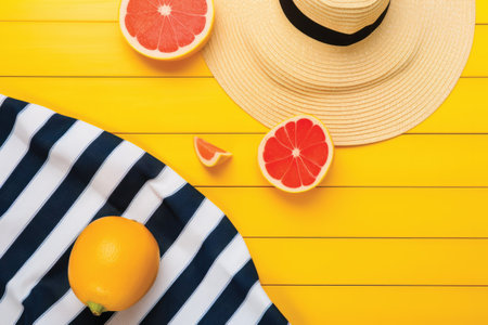 Top view of striped beach towel, hat, lemons and grapefruits on yellow wooden tableの素材
