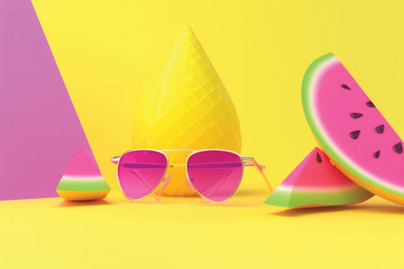3d render of sunglasses with watermelon on yellow and pink backgroundの素材