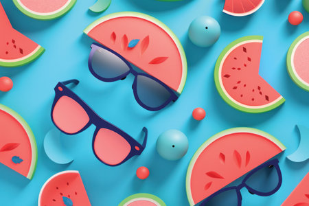 Summer background with sunglasses and watermelon slices. 3d illustration.の素材