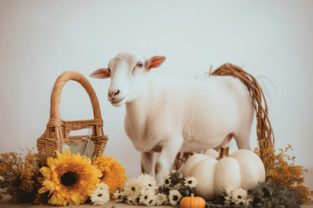 Sheep and pumpkins in a basket on a white background.の素材