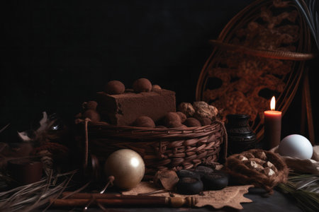 Still life with chocolate candies in a basket on a dark backgroundの素材