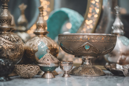 Vintage oriental silver ornaments on the table. Selective focus.の素材