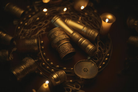 Burning candles and incense on a dark background. Vintage style.の素材