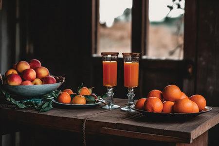 Orange juice and fresh fruits on a wooden table. Selective focus.の素材