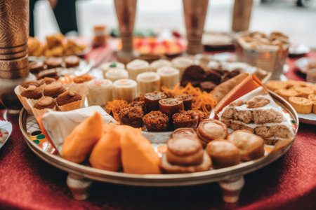 Variety of Indian sweets on the table at a festival in Indiaの素材