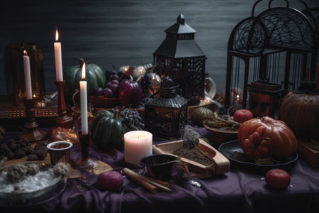 Halloween still life with pumpkins, candles and spices on dark backgroundの素材