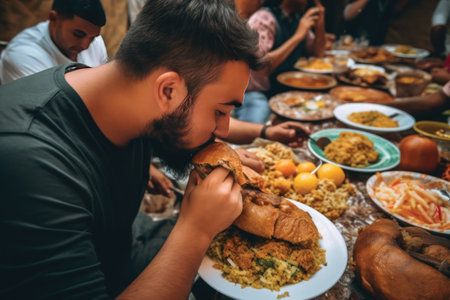 Muslim man eating traditional food during Eid Mubarak at the mosque in the morningの素材