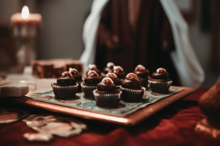 Chocolate candies on a wooden tray. Selective focus.の素材