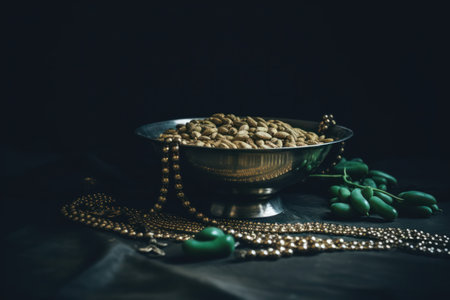 coffee beans in a copper bowl with golden beads on a black backgroundの素材