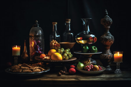 Still life with various fruits on a wooden table, dark background.の素材