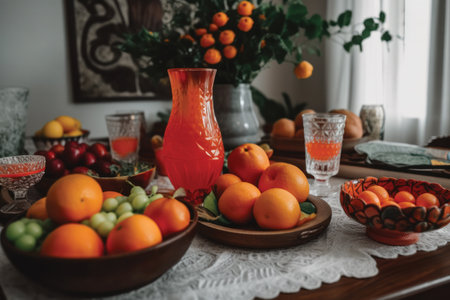 Tangerines and oranges on the table in a vase.の素材