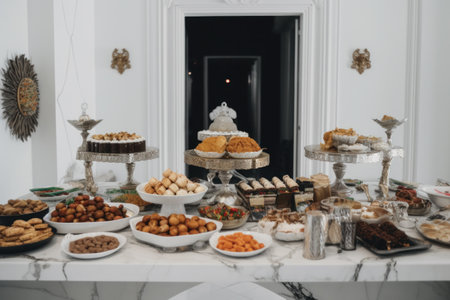 Catering buffet for events with different food snacks and drinks.の素材