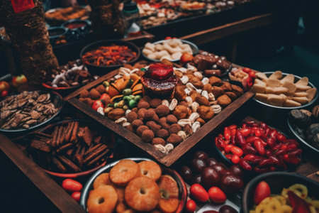 Traditional oriental sweets in a wooden box on a wooden table.の素材