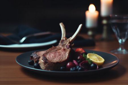 Grilled lamb chops with cranberries and lemon on a black plateの素材