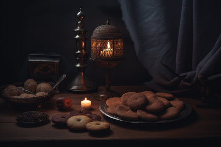 Still life with cookies, candlestick, lantern and candle on wooden tableの素材