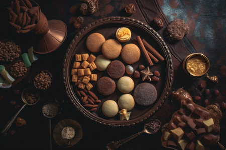 Assortment of chocolates on a dark background, top viewの素材