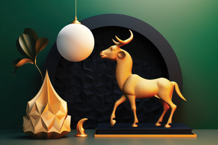 3d render of golden bull and white ball on green background.の素材