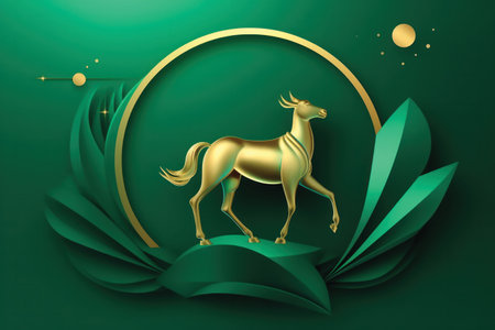 3d illustration of golden horse on green background with green leaves.の素材
