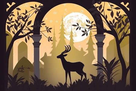 Silhouette of a deer in the forest at night. Vector illustration.の素材