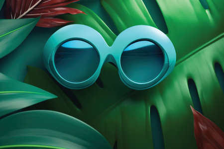 Glasses on tropical leaves background. 3d illustration. Summer conceptの素材
