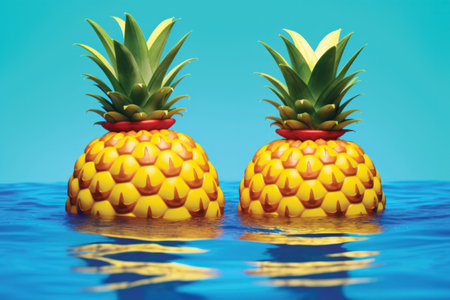 Pineapples floating in the water. 3d illustration.の素材