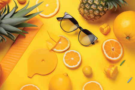 Flat lay composition with sunglasses and fruits on color background. Summer vacationの素材