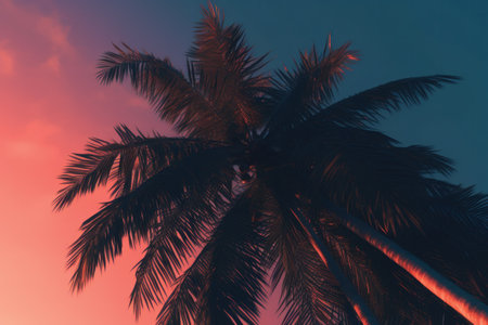Silhouette of coconut palm tree with sunset sky background - Vintage Filterの素材