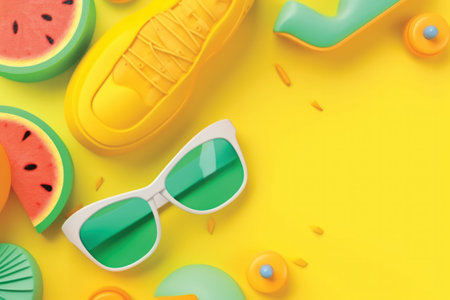 Summer flat lay. Sunglasses, sneakers, watermelon and seashells on yellow background. Top view with copy spaceの素材